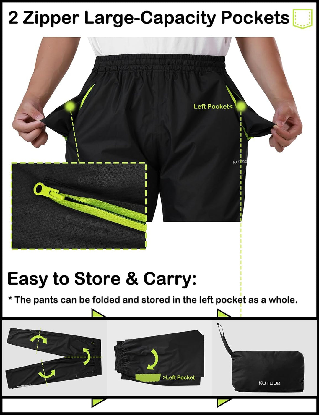 KUTOOK Fahrradhose Regenhose Wasseridicht Herren Waterproof Rating: 5000mm Atmungsaktiv mit 2 Tasche