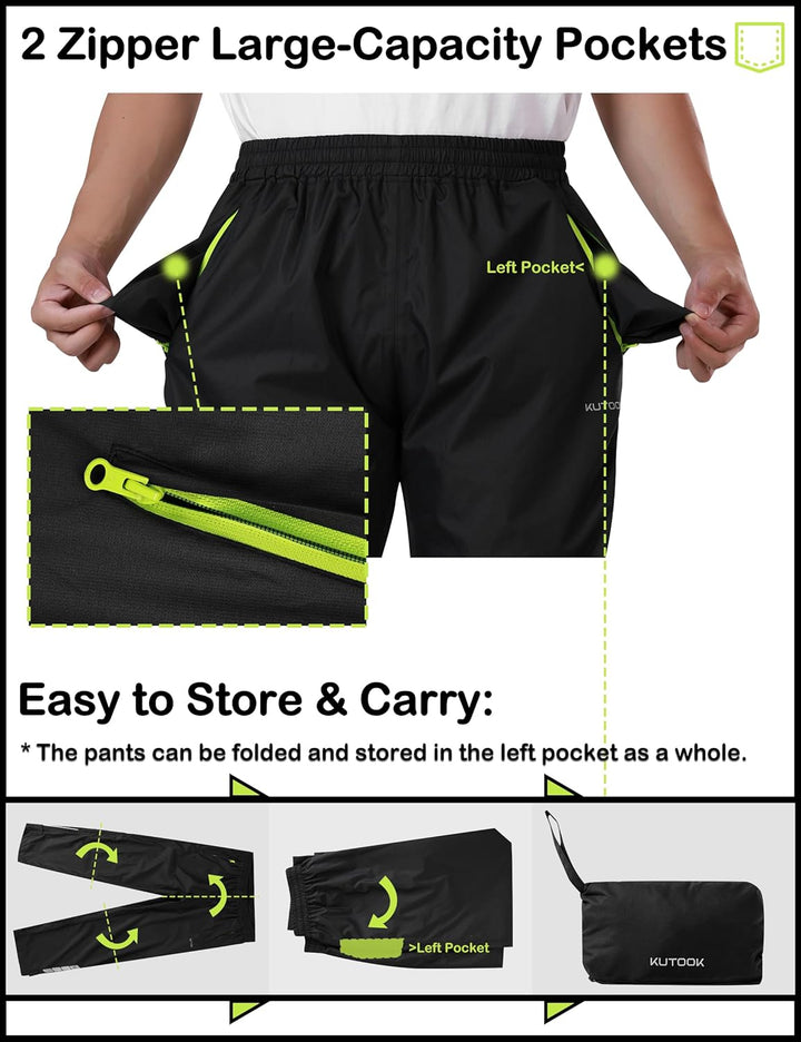 KUTOOK Fahrradhose Regenhose Wasseridicht Herren Waterproof Rating: 5000mm Atmungsaktiv mit 2 Tasche