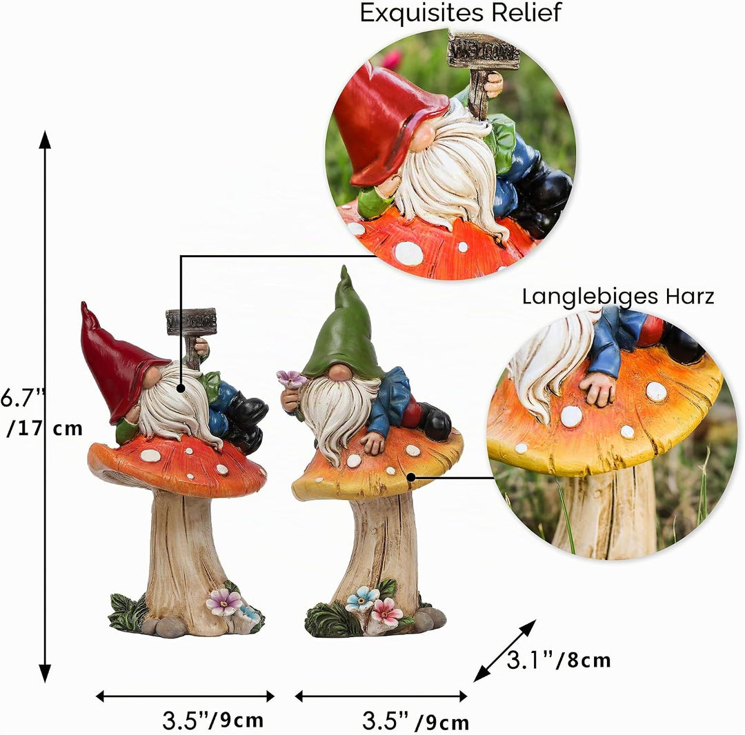 TERESA'S COLLECTIONS Lustig Gartenzwerge Gartendeko für Draussen 2er Set Gartenfiguren auf Pilzen li