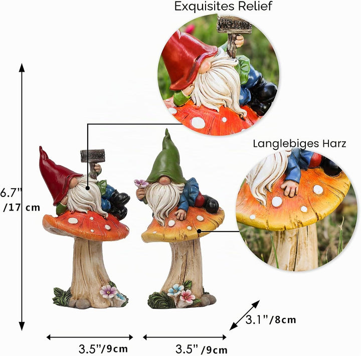 TERESA'S COLLECTIONS Lustig Gartenzwerge Gartendeko für Draussen 2er Set Gartenfiguren auf Pilzen li