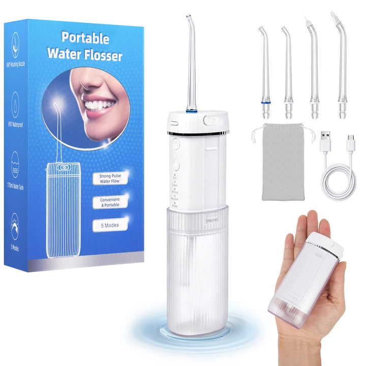 Reise Munddusche Kabellos Elektrisch, Tragbare Water Flosser | mit 175ml Tank 5 Modi, 4 Düsen; IPX7
