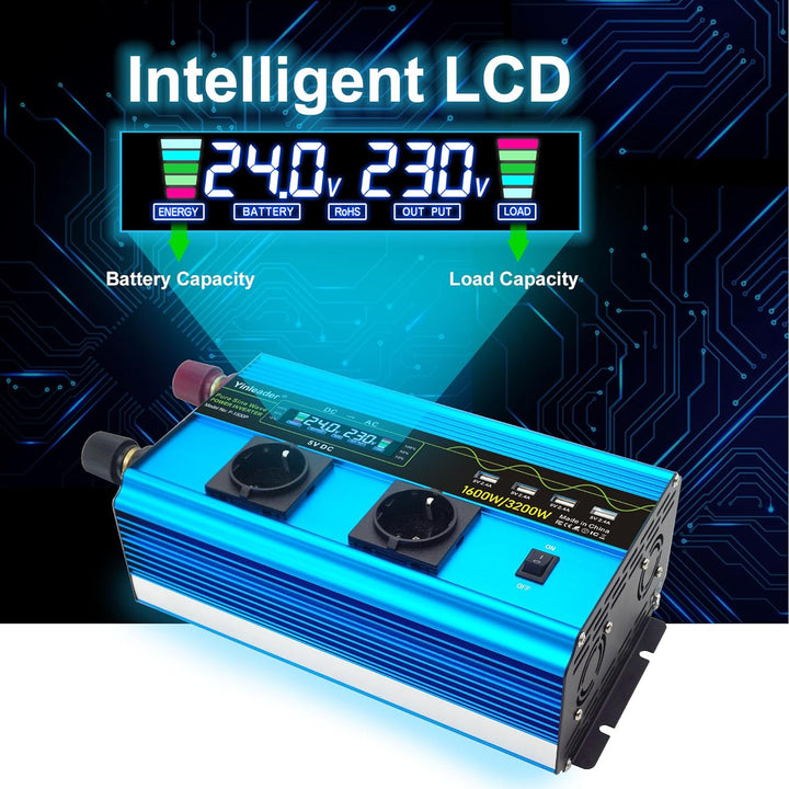 Yinleader Wechselrichter 24V 230V 1600W / 3200W Spannungswandler Reiner Sinus Wechselrichter mit 2 S