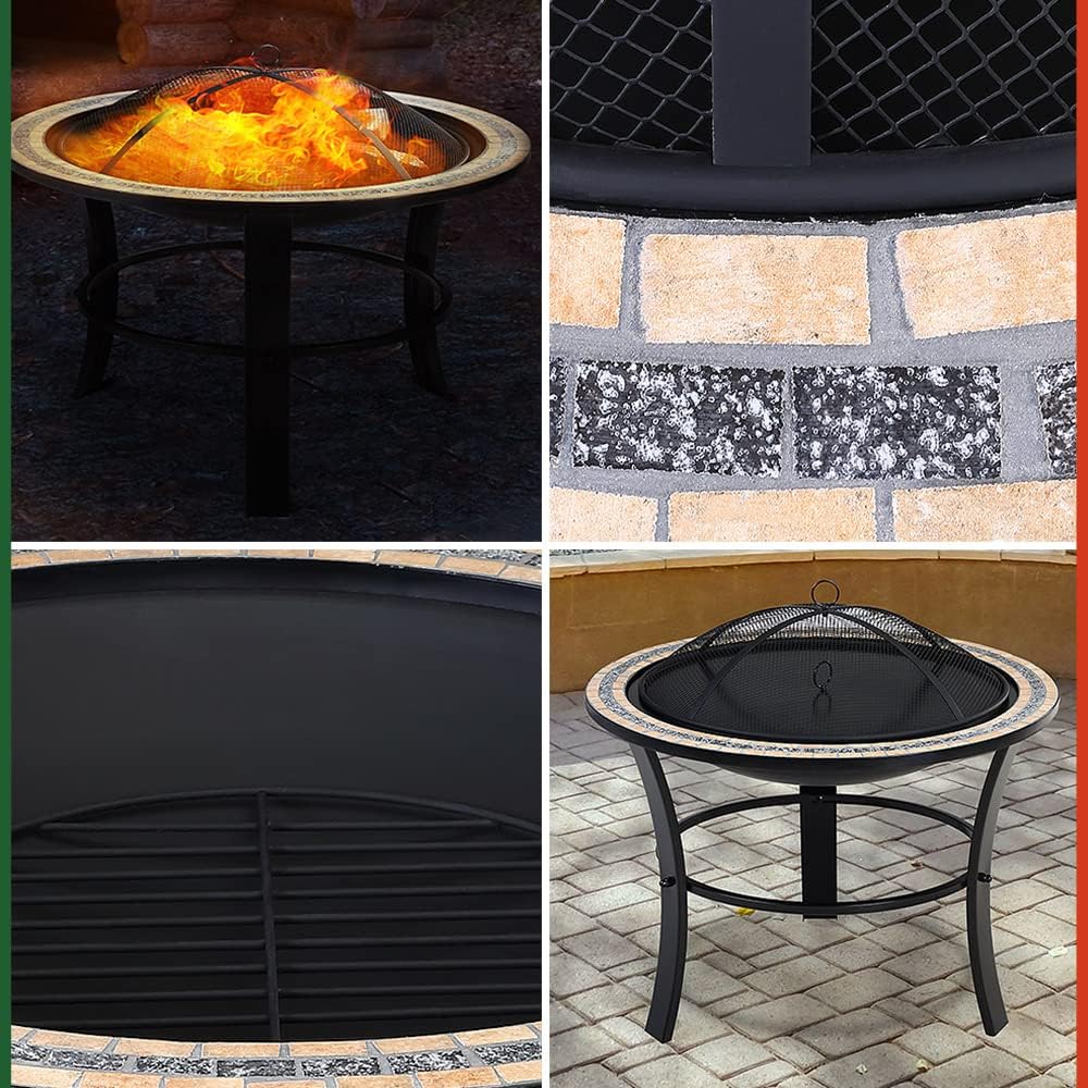 GARDEBRUK® Feuerschale Fuego mit Funkenschutz Ø76cm Schürhaken Abdeckung Mosaik Rund Garten Terrasse