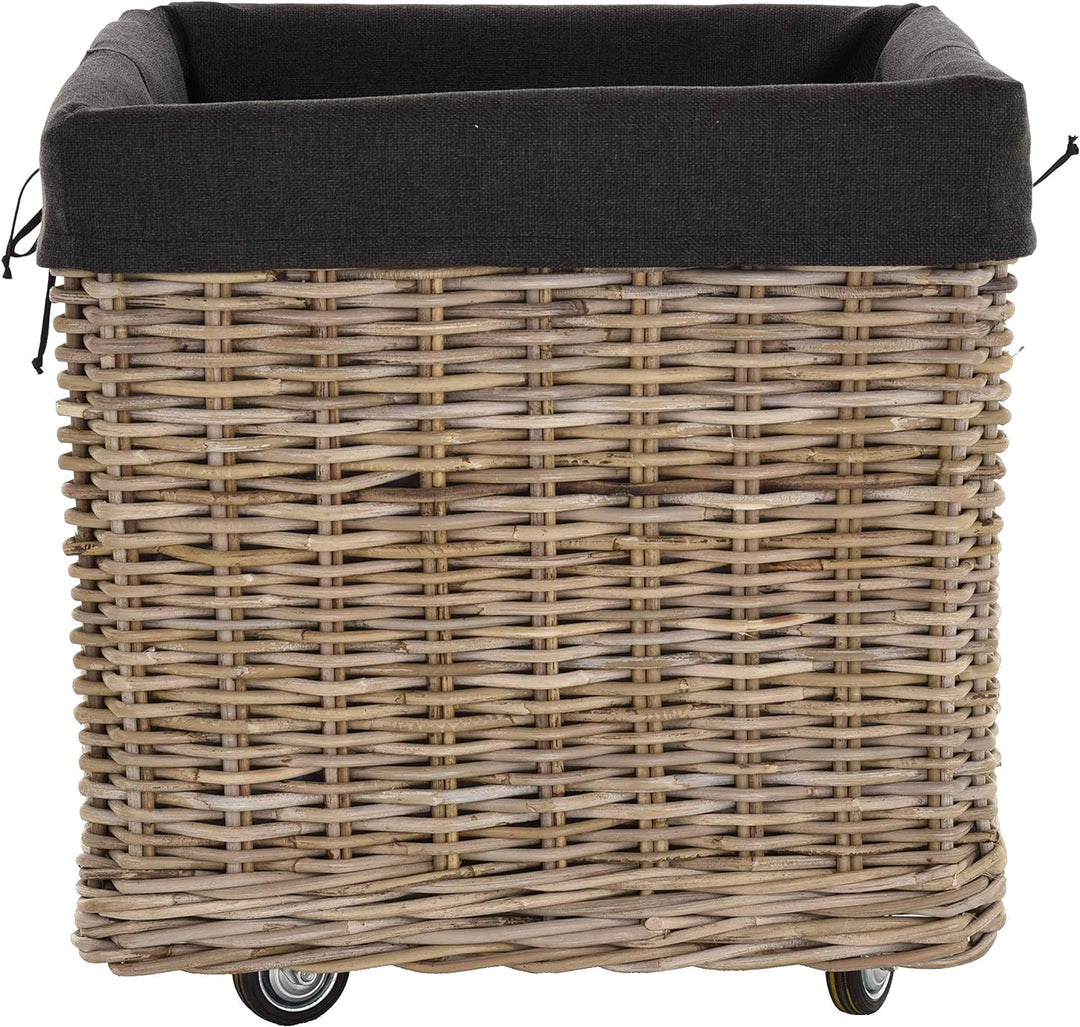 Grosser Rollkorb mit Griffen / Holzkorb mit Rollen aus grauem Natur Rattan / Aufbewahrung Holz-Wagen