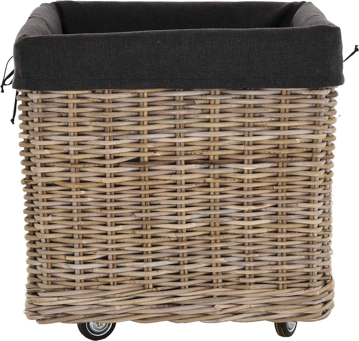Grosser Rollkorb mit Griffen / Holzkorb mit Rollen aus grauem Natur Rattan / Aufbewahrung Holz-Wagen