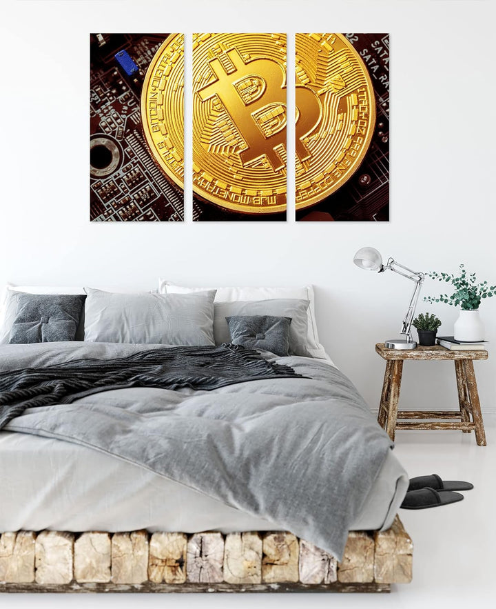 Bitcoin BTC auf Platineals Leinwandbild 3 teilig | Grösse: 120x80 cm | Wandbild | Kunstdruck | ferti