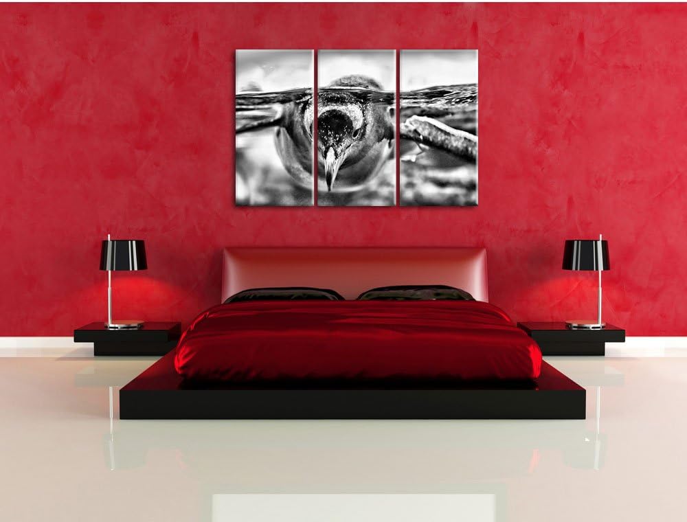 Monocrome, Pinguin im Wasser 3-Teiler Leinwandbild 120x80 Bild auf Leinwand