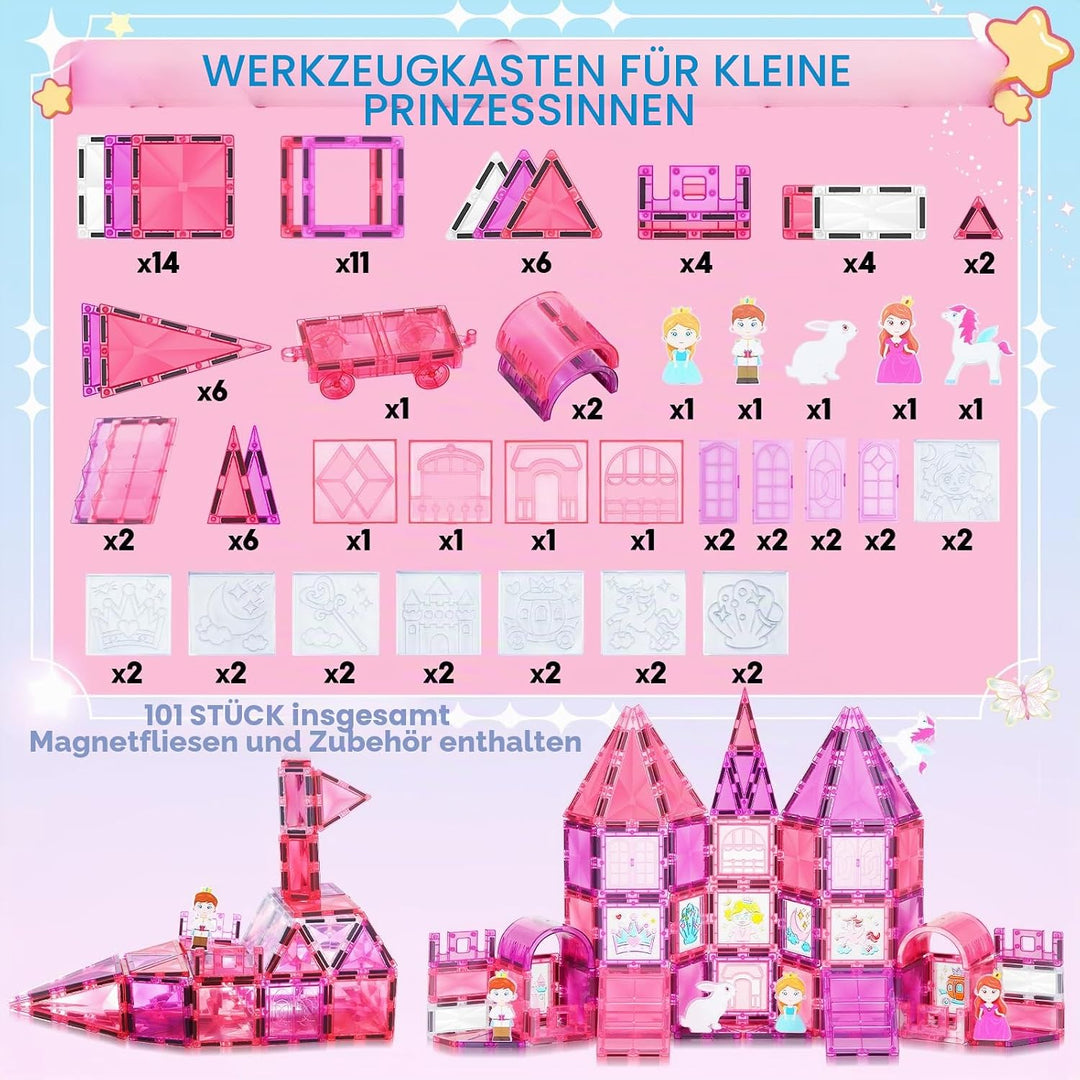 Magnetische Bausteine 101PCS mit Autos, Prinzessin Magnetische Bauklötze, STEM Konstruktionsspielzeu