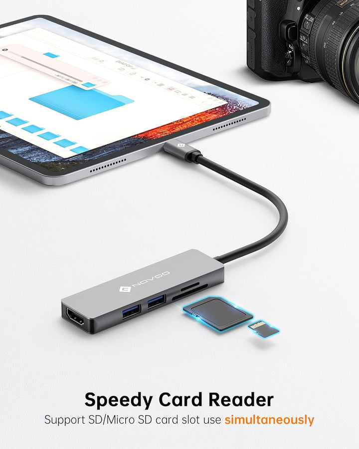 NOVOO 5-in-1 USB-C-Hub mit 4K HDMI-Adapter, 2 USB 3.0-Anschlüsse, SD/TF-Kartenleser, USB-C-Multiport
