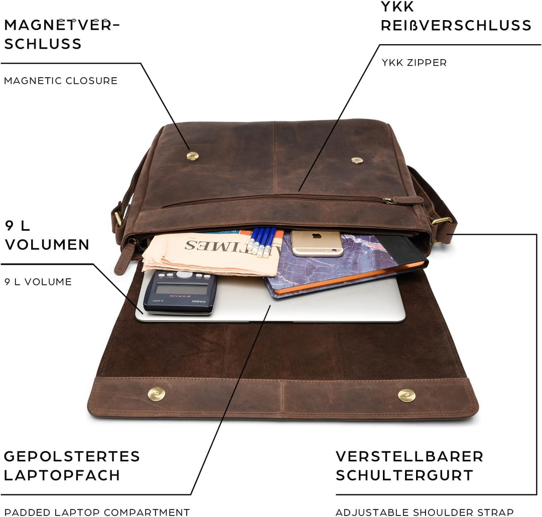 LEABAGS Messenger Bag, Acapulco Echtleder Aktentasche Herren & Damen, Leder Laptoptasche bis 15 Zoll