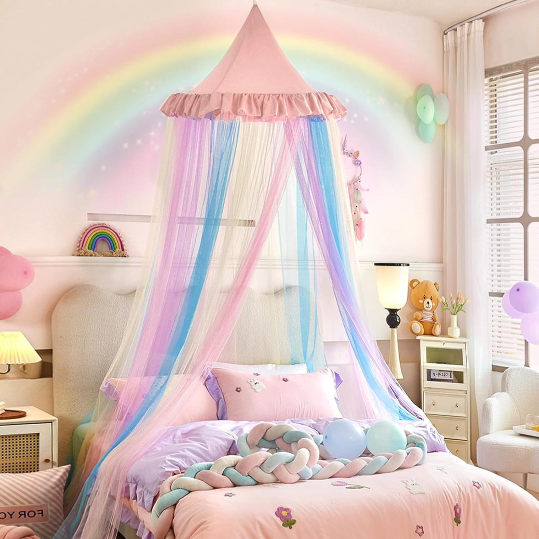 Regenbogen-Moskitonetz, Betthimmel, Prinzessinnen-Betthimmel für Mädchen, Bunte Netzstickerei, Moski
