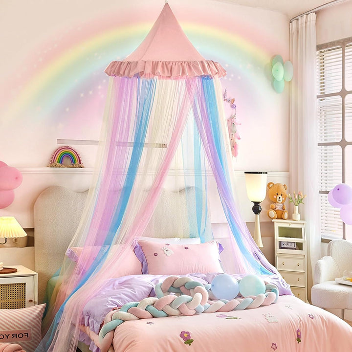 Regenbogen-Moskitonetz, Betthimmel, Prinzessinnen-Betthimmel für Mädchen, Bunte Netzstickerei, Moski