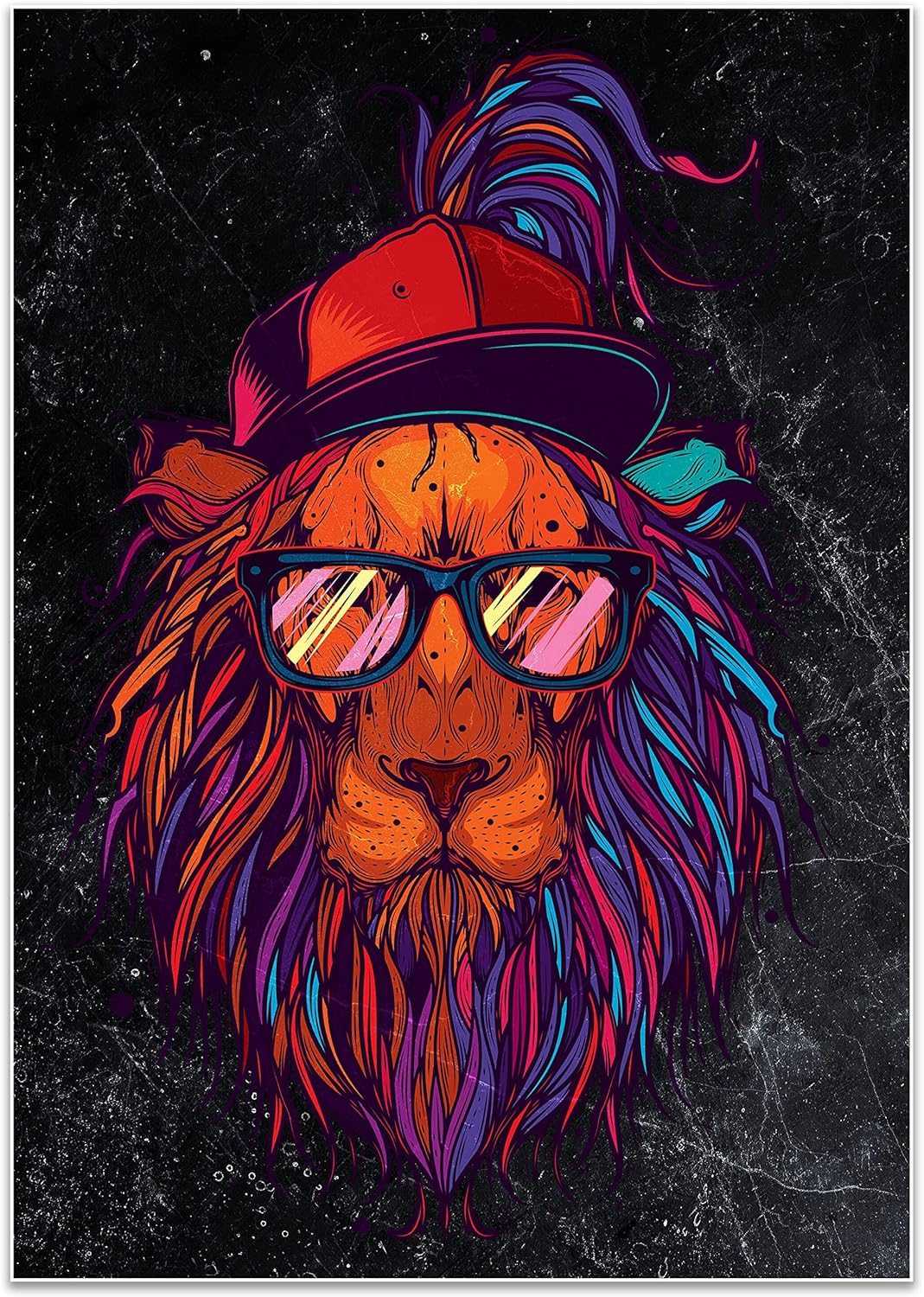 wandmotiv24 Poster als Wanddeko, Grösse Din A0, Funky Löwe, Marmor, bunt, Cap, Mütze, Brille, Nerd,