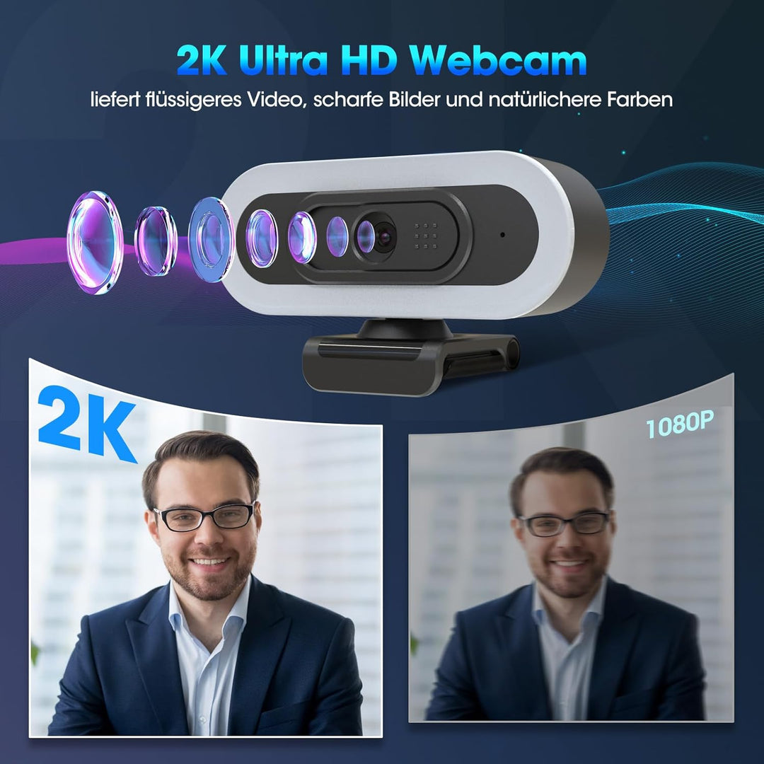 ToLuLu Streaming Webcam 2K 50FPS Web Cam, LED RGB Webcam mit Mikrofon und Licht, Autofokus Computer