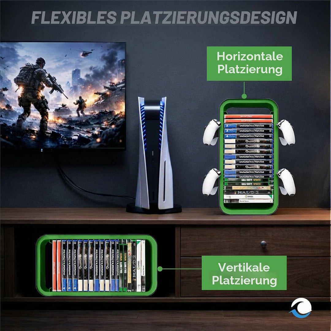 Universal Games Storage Tower Pro - Bis zu 18 Spiele - Mit Controller Halterung für bis zu 4 Gamepad