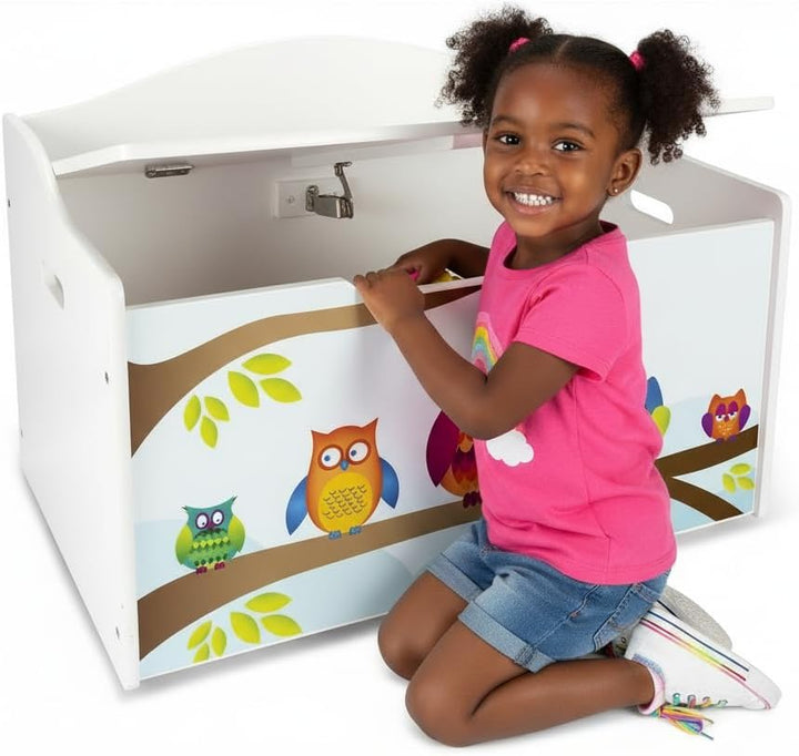 Leomark Kinderbank Hölzerne - Eulen XL - Kindertruhenbank, Behälter für Spielzeug, Truhe für Kinderz