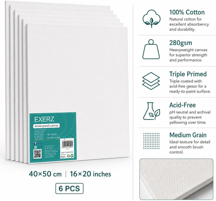 EXERZ 40x50cm Malkarton/Leinwand-Panele 6 Stück 0.3cm dick/Kunstleinwandtafel / 280GSM/ Vorgespannt