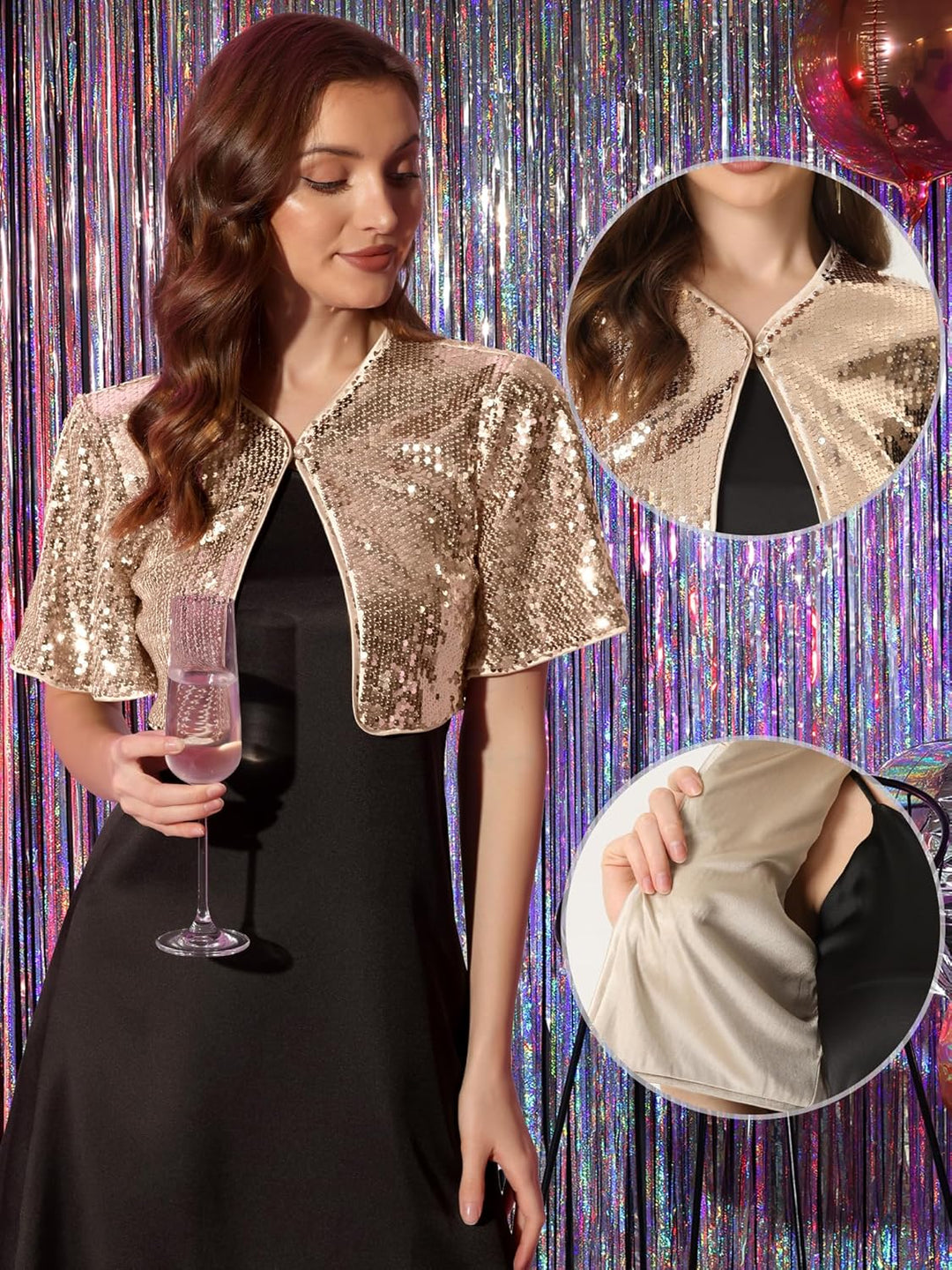 Allegra K Damen Bolero Pailletten Glitzer Shrug Party Crop Jacke S Rosegold, S Rosegold