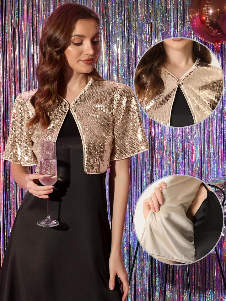 Allegra K Damen Bolero Pailletten Glitzer Shrug Party Crop Jacke S Rosegold, S Rosegold