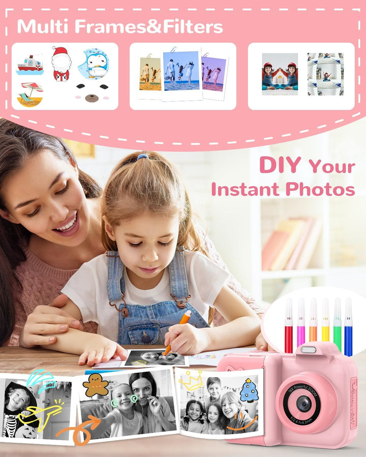 Sofortbildkamera Kinder, 24MP 2.4 Zoll Bildschirm Kinderkamera Sofortbildkamera mit Selfie, 32G Kart
