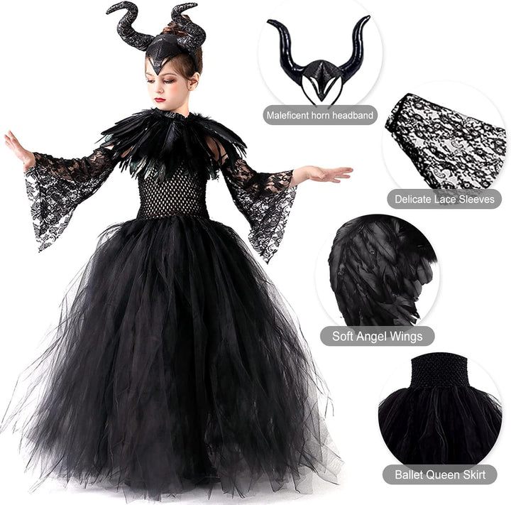 AMOBON Maleficent Kostüm Set für Kinder, Mädchen Böse Königin Kleid mit Hörner Kopfschmuck und Schwa