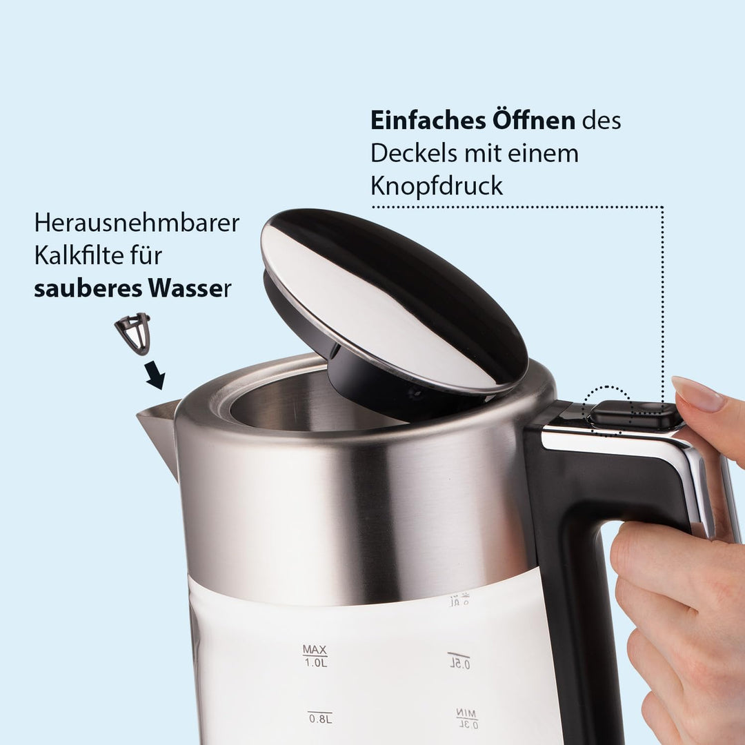 KHG Wasserkocher WK-106 GE Glas, 1 Liter, abwaschbarer Kalkfilter, Wasserstandsanzeige, Öffnen per K