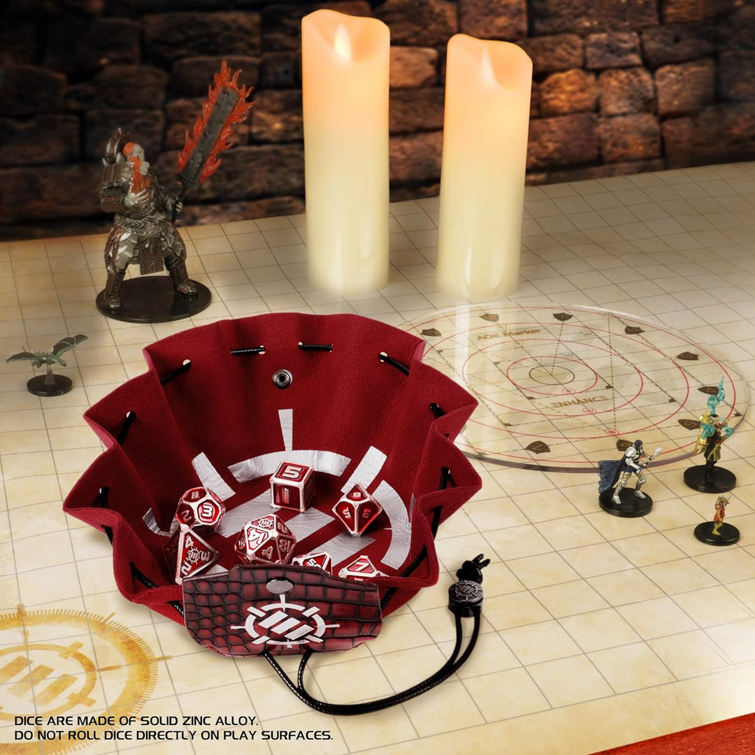 ENHANCE Würfelset aus Metall – 7 polyedrische Würfel mit 2-in-1-Würfeletui und Würfeltablett aus veg