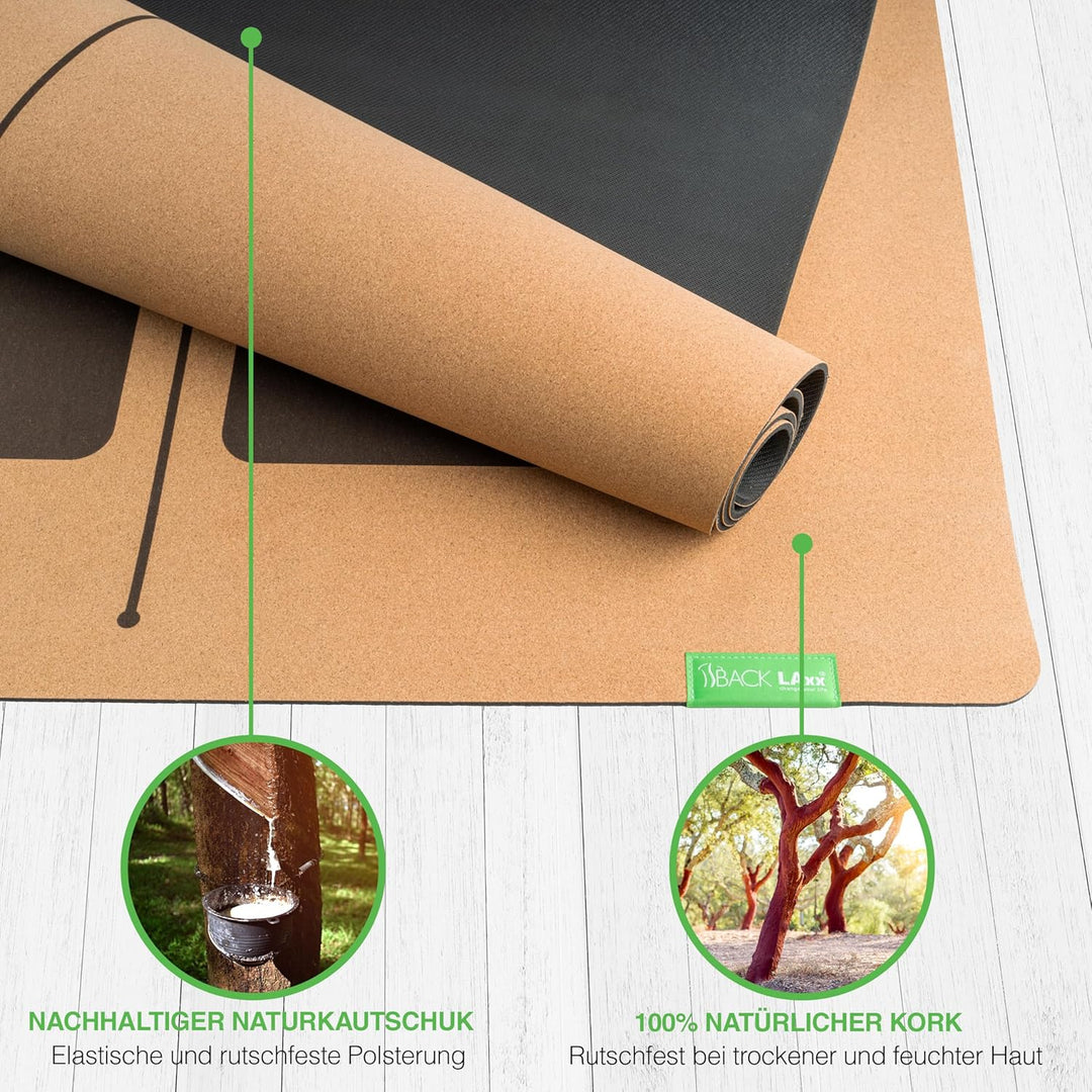 BACKLAXX ® Yogamatte Kork XXL [+50% mehr Fläche] mit Naturkautschuk - Yoga Matte nachhaltig, schadst
