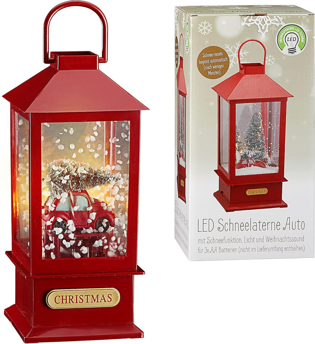 LED Schneelaterne Auto | 17x40cm 18 LEDs warmweiss | Schneefunktion Weihnachtsmusik | Weihnachtsbele