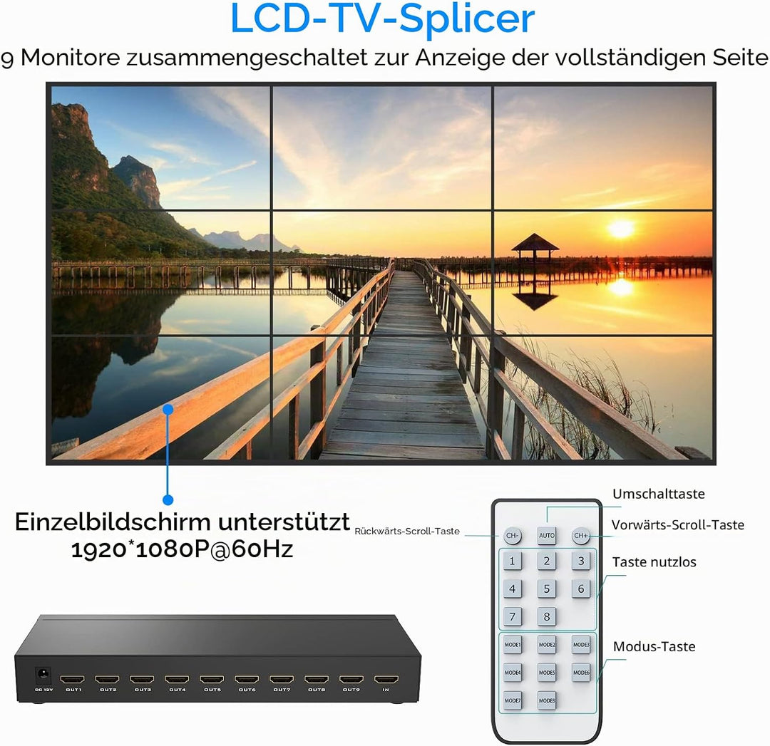 Yinker Videowand Controller 3x3 HDMI Video Wall Processor 1080P@60Hz Unterstützt 13 Modi - 1 HDMI In