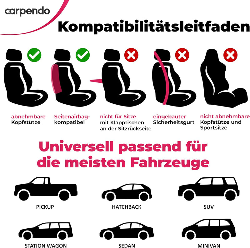 Carpendo® Sitzbezüge Auto Vordersitze in Premium Design (2er Set) Autositzbezüge Schonbezüge für Aut