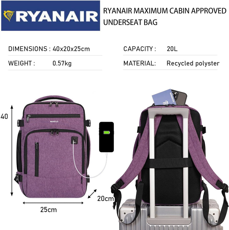 ECOHUB Rucksack 40x20x25 für Ryanair Flugzeug Reiserucksack Handgepäck Gepäck Laptop Daypacks PET-Re