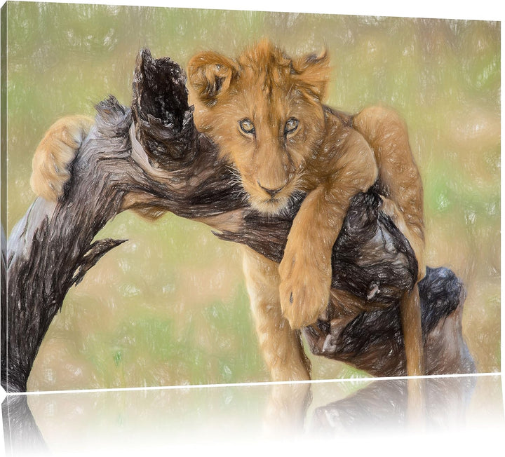 Pixxprint Junger Löwe in der Natur Kunst Buntstift Effekt, Format: 100x70 auf Leinwand, XXL riesige