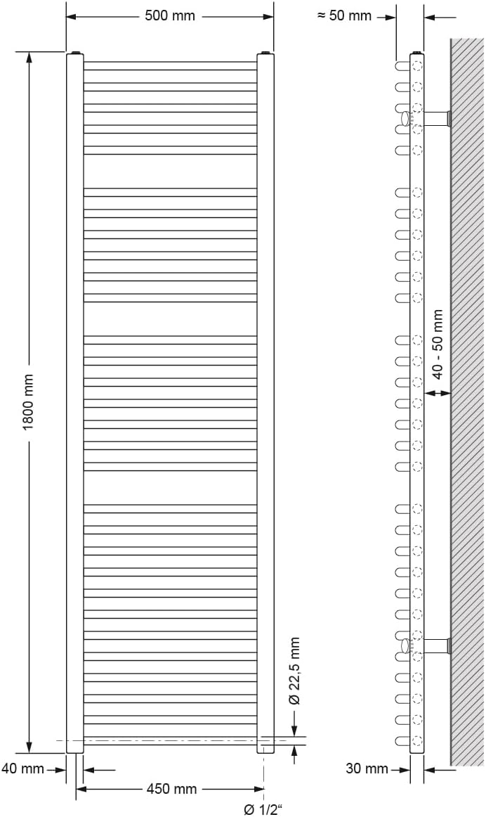 LuxeBath Badheizkörper Elektrisch mit Heizstab 900W Grosse Leistung - 500 x 1800 mm - Anthrazit - ge