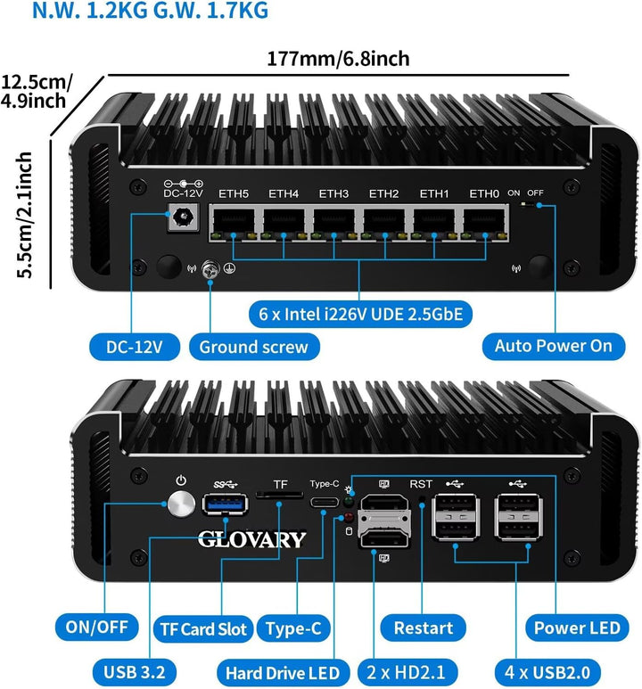Glovary Firewall Mini PC Quad Core N100, DDR5 8GB RAM 128GB NVMe SSD, 6 x 2.5GbE i226V LAN Fanless C