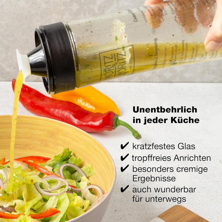 Moritz & Moritz 2-tlg. Set: Dressingshaker 500 ml + Salatbesteck – Salatdressing Shaker Glas mit Ska