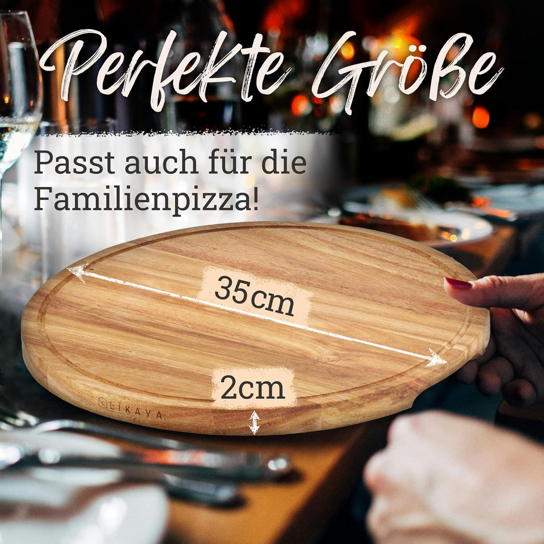 LIKAYA® Pizzabrett/Pizzateller 'MARIO' 2er Set rund mit Pizzaschneider [⌀35cm gross] aus FSC®-zertif