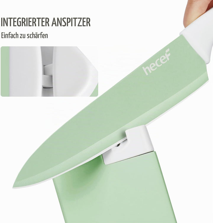 hecef 14‑teilig Messerblock mit Messer, Hellgrün, Antihaft‑Beschichtung – Spülmaschinenfest, Messerb