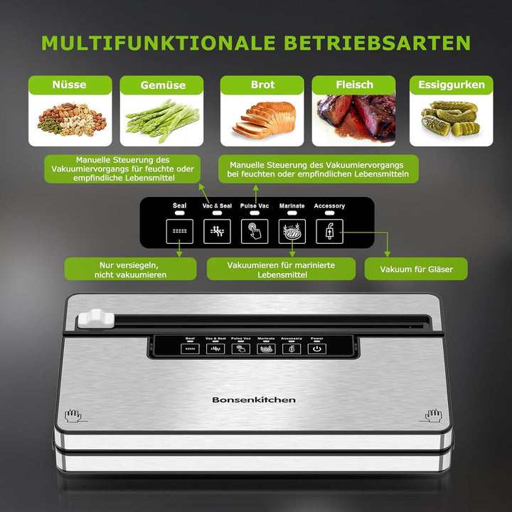 Bonsenkitchen Vakuumierer, Stark Vakuumiergerät mit 5 Modi, 8 L/Min, Globefish-Technologie für Konti