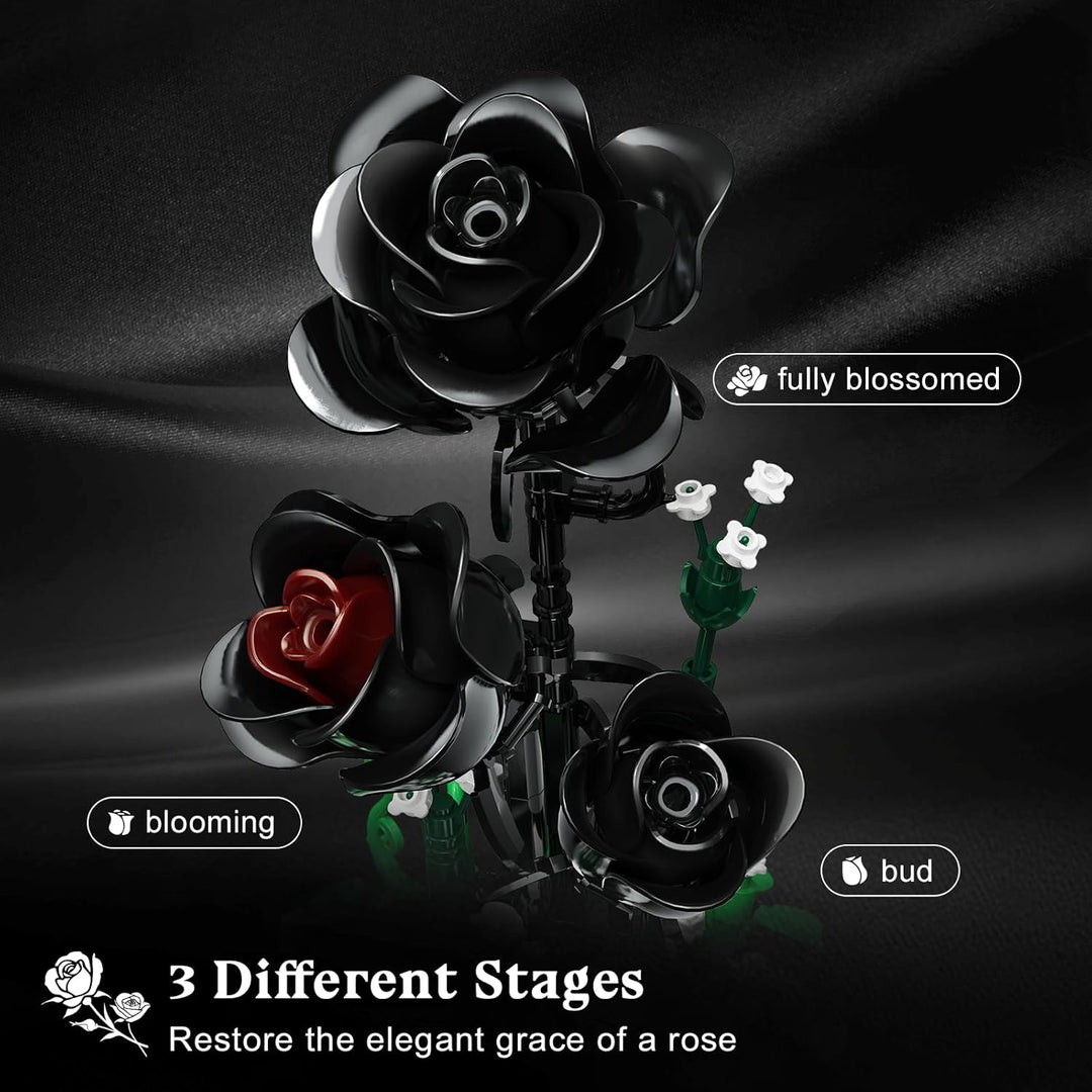 Blumen Rosen Bausatz mit LED Licht, 232 Teile Schwarzer Rosenstrauss, 3.6MM Blumenstrauss Baustein S
