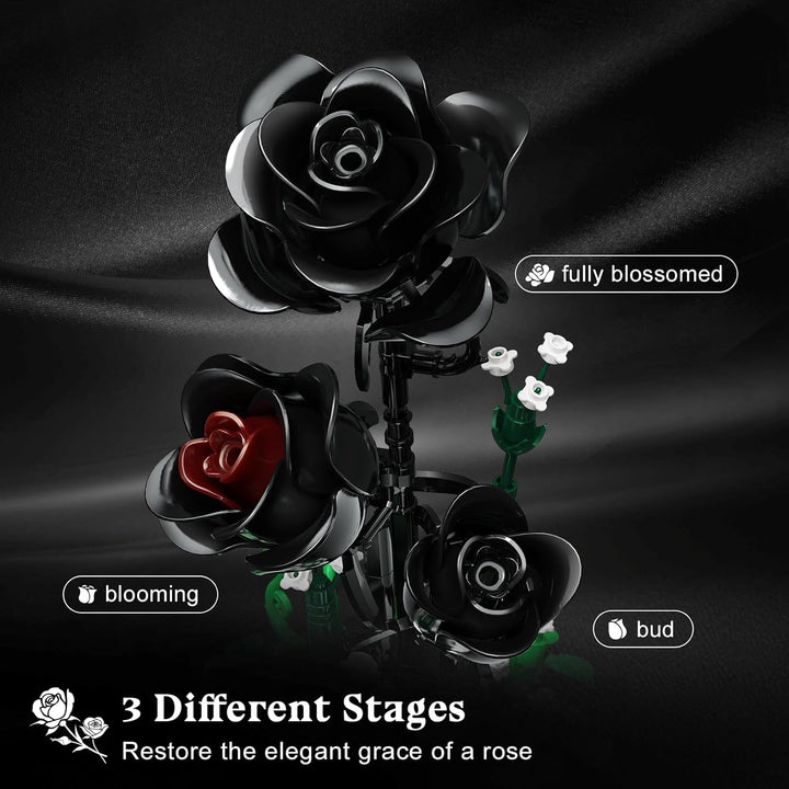 Blumen Rosen Bausatz mit LED Licht, 232 Teile Schwarzer Rosenstrauss, 3.6MM Blumenstrauss Baustein S
