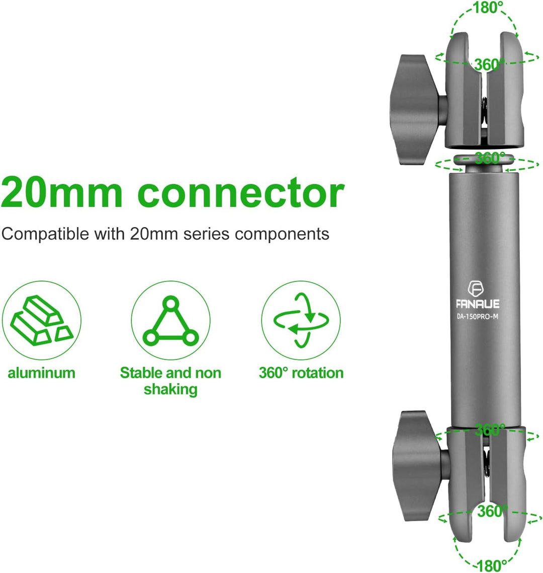 FANAUE - 15 cm Doppelhülsenarm, Halterung kompatibel mit 2 cm Arm, Aluminiumkonstruktion, passt auf