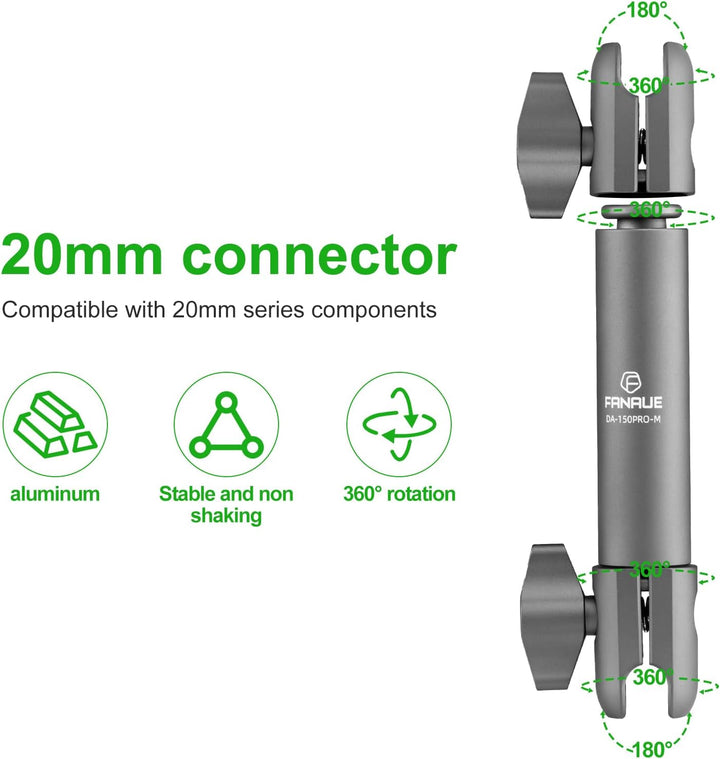 FANAUE - 15 cm Doppelhülsenarm, Halterung kompatibel mit 2 cm Arm, Aluminiumkonstruktion, passt auf
