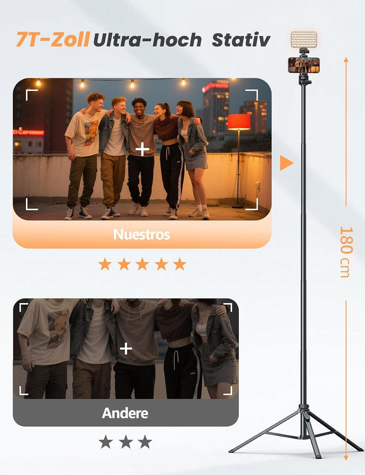 Pnitri 180cm Handy Stativ für Smartphone mit Licht 180cm mit licht, 180cm mit licht