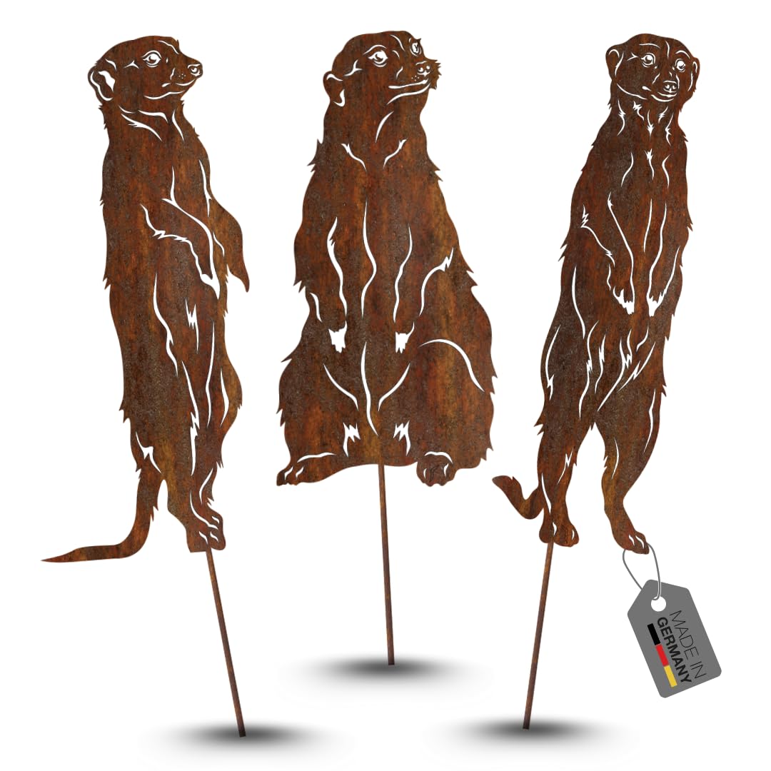 Terma Rostfigur Gartenstecker Set Erdmännchen 40–45 cm – Deko Tierfigur aus Metall mit Spiess – Rost