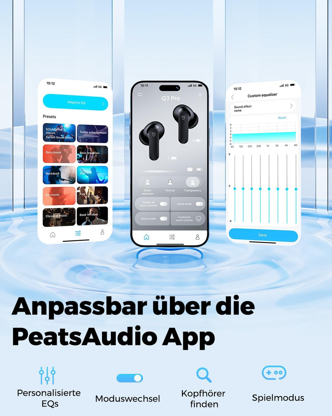 SoundPEATS Q3 Pro In Ear Kopfhörer, Bluetooth Kopfhörer Active Noise Cancelling, 13 mm Treiber, Earb