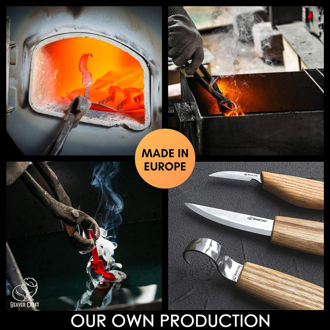 BeaverCraft S13L Holzschnitzerei Werkzeuge Set für Löffelschnitzen 3 Messer in Werkzeugsrolle Abzieh