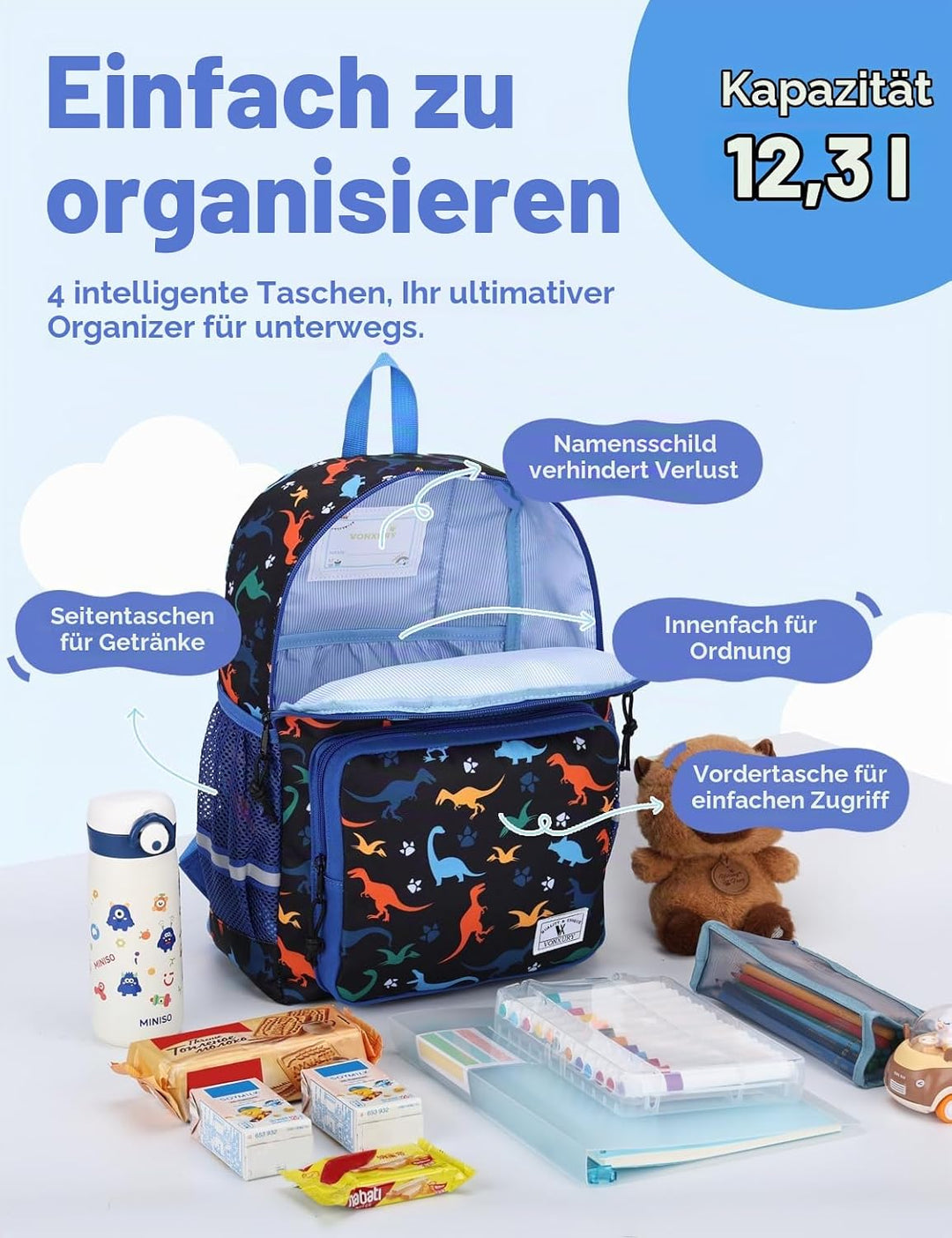 VX VONXURY Schulrucksack, Convertible Vorschule Kleinkind Jungen Bookbag Passt A4 Ordner (Blue Shark