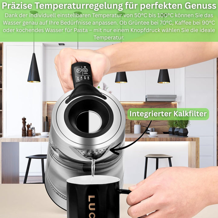 Glas Wasserkocher 1,7 Liter | 2200 Watt | Edelstahl mit Temperaturwahl | Teekocher | 100% BPA FREI |