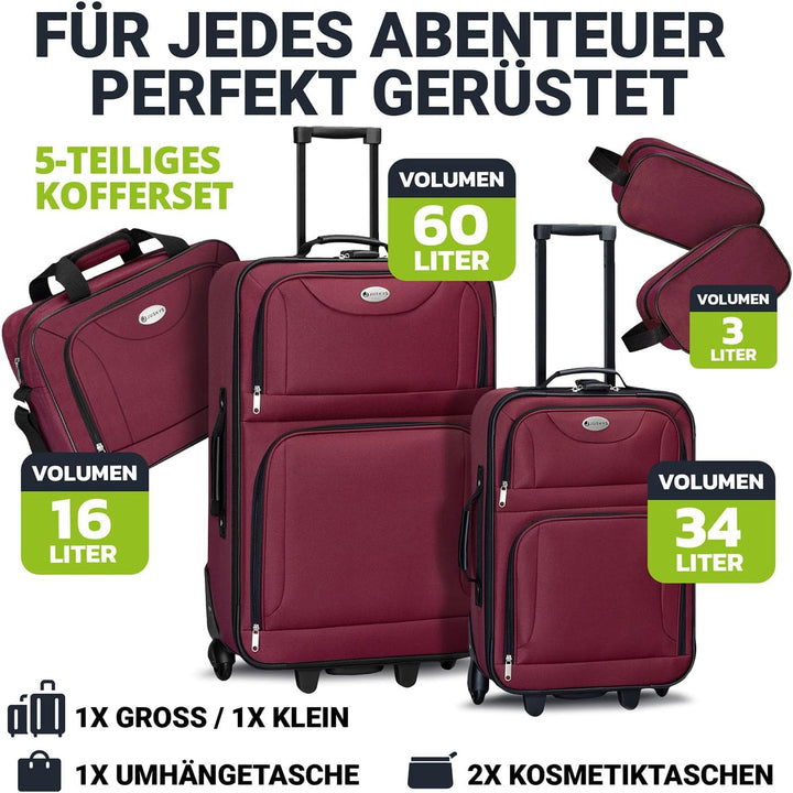 Juskys Trolley Reisekoffer Set 5 teilig - 60 Liter, 2 Rollen, Weichschale, wasserabweisend Stoff, le
